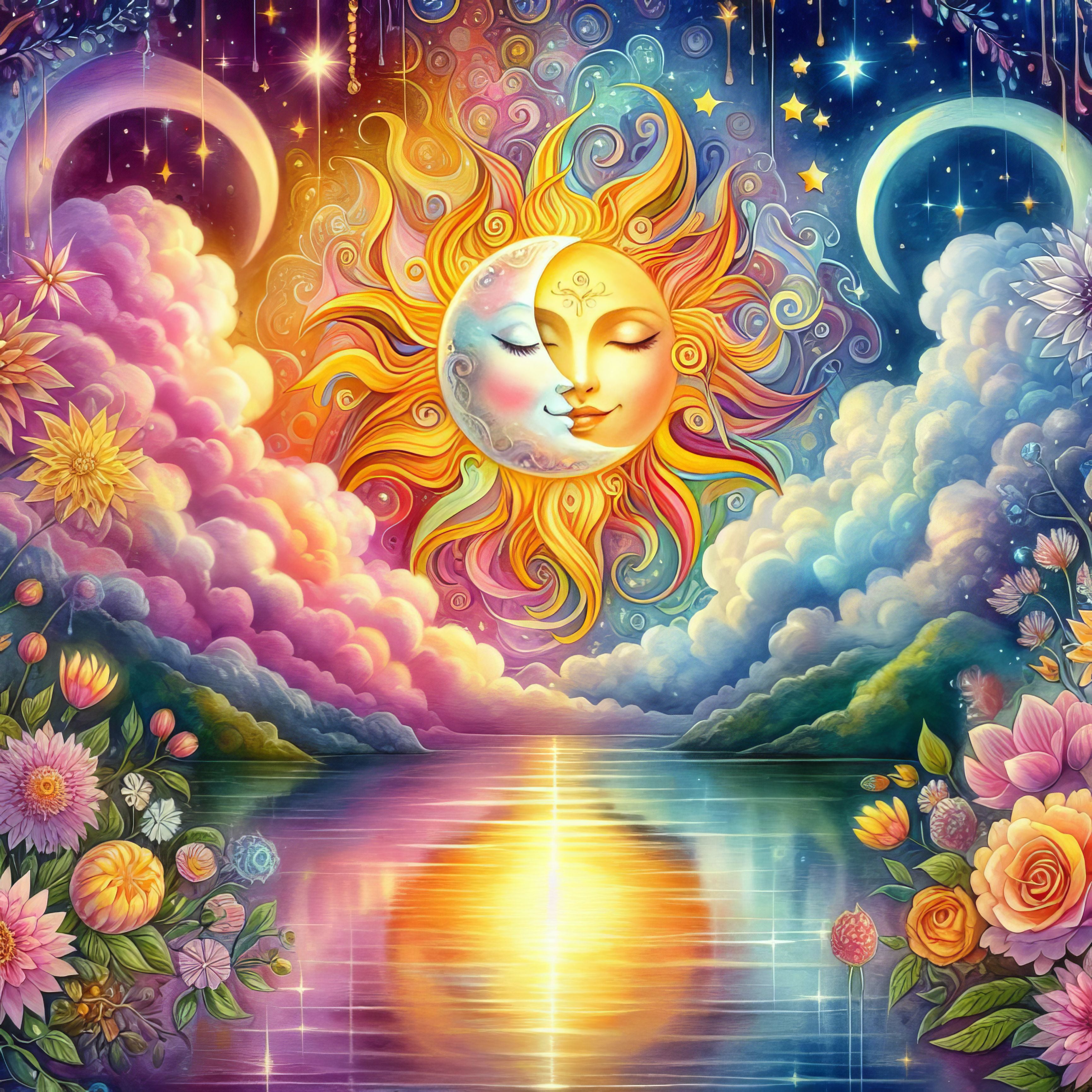 Colorful illustration of a sun and moon with floral and cloud elements.