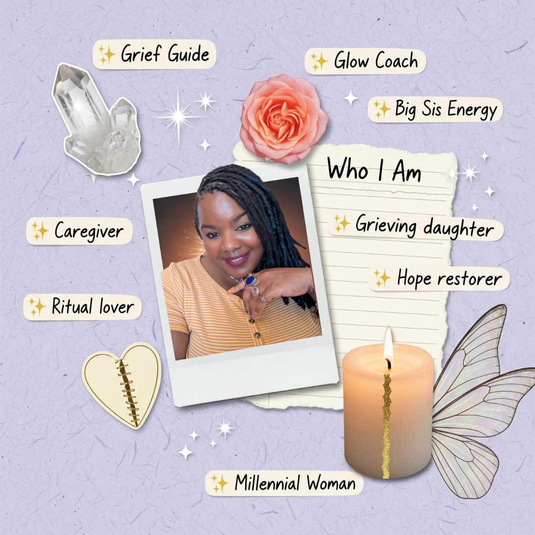 Collage of a woman with text labels on a purple background