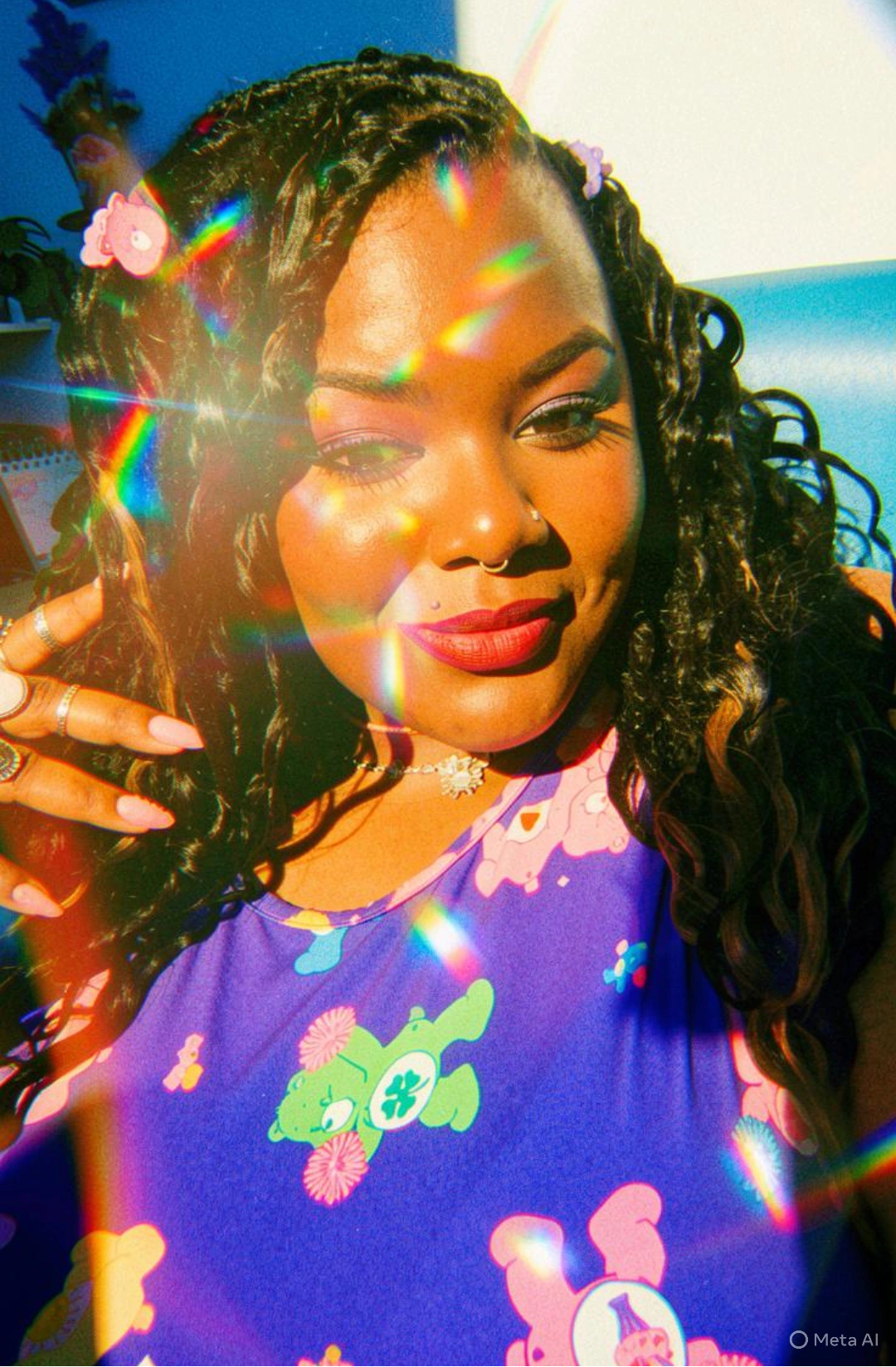 A woman with curly dark hair wearing a purple short-sleeve top with colorful cartoon Care Bear graphics, photographed in bright sunlight with lens flare overlays.