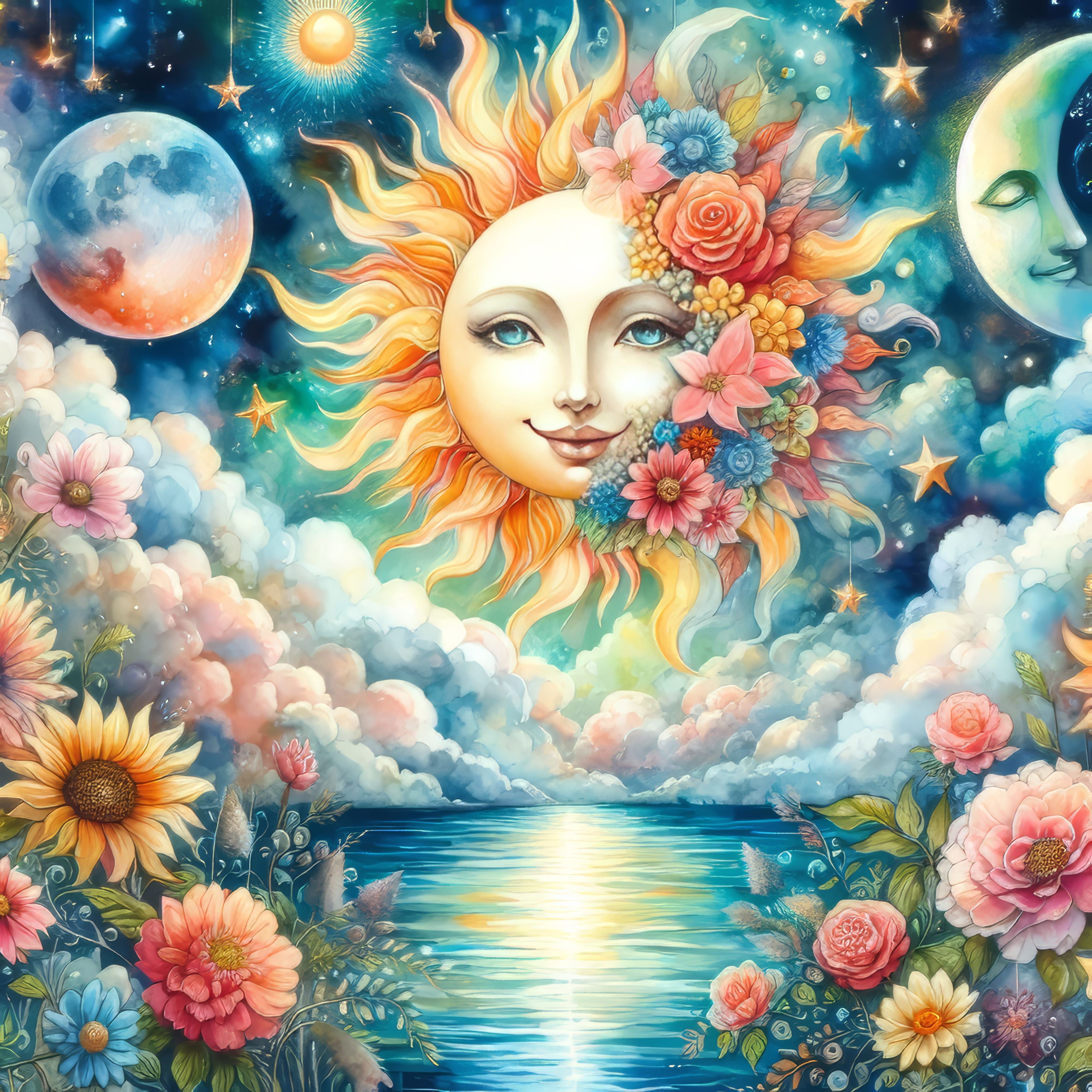 Colorful illustration of a sun face surrounded by flowers and celestial elements.